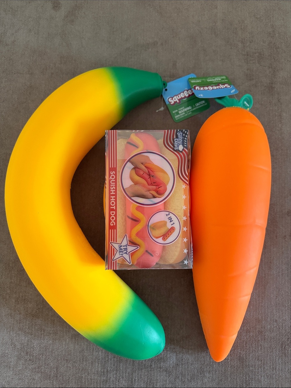 Sunny Days Squeezy Hot Dog, Banana & Carrot Fidget Toys | New